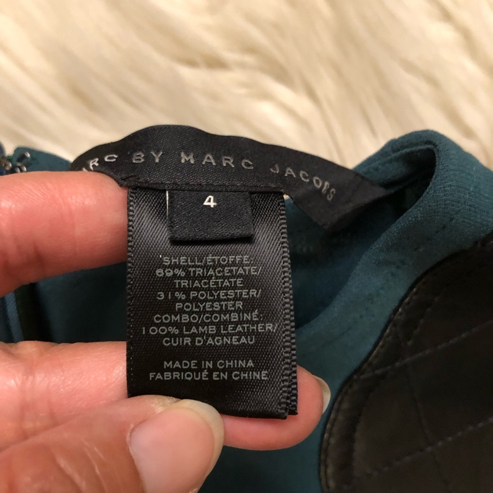 Marc Jacobs Black Lamb Leather Shoulders Lightweight Teal Sheath Dress size 4 - Picture 7 of 10